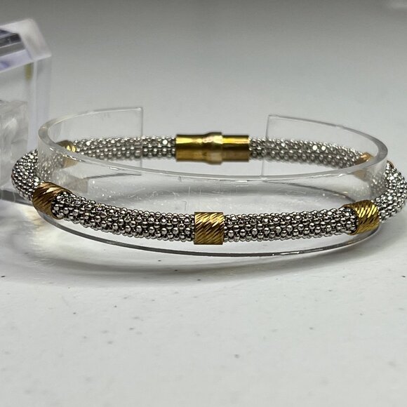 Sterling Silver & Gold-Tone Mesh Bracelet With Twist Accents 925 Italy - Picture 5 of 9